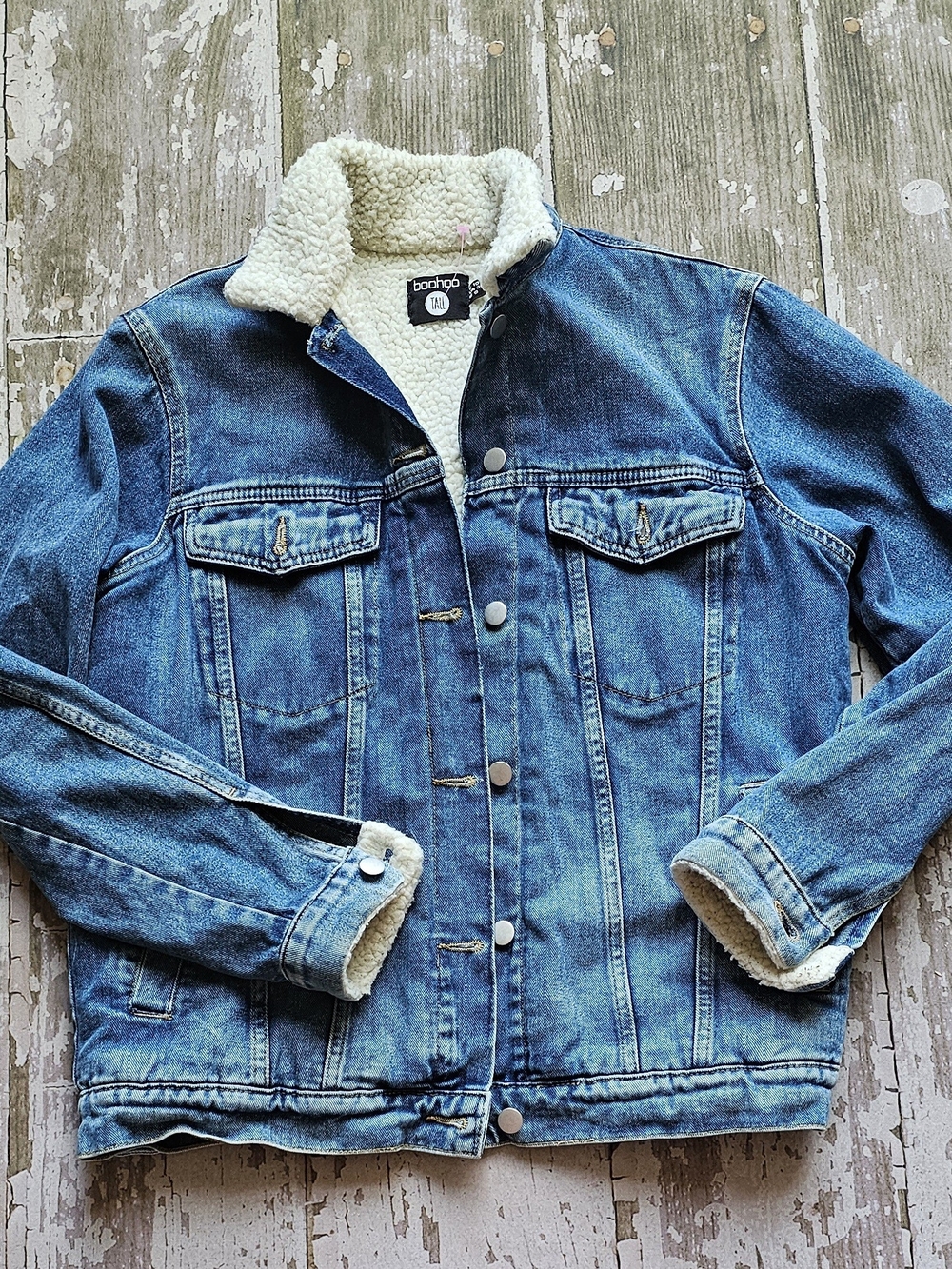 Ladies Size 10 Boohoo Blue Denim Jacket with Cream Sherpa Lining